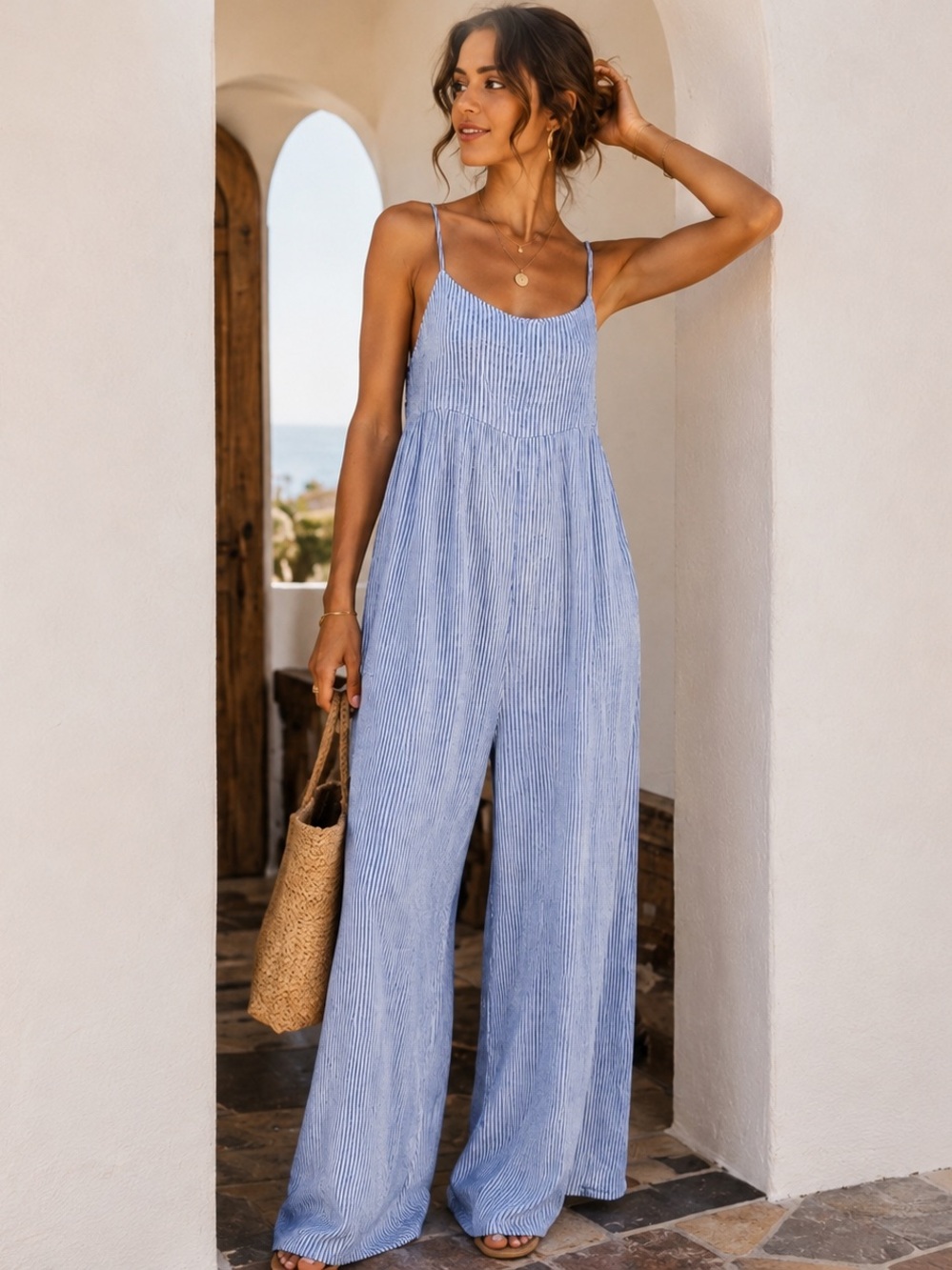 AUDREY3+1 Blue White Striped Coastal Wide Leg Jumpsuit Romper